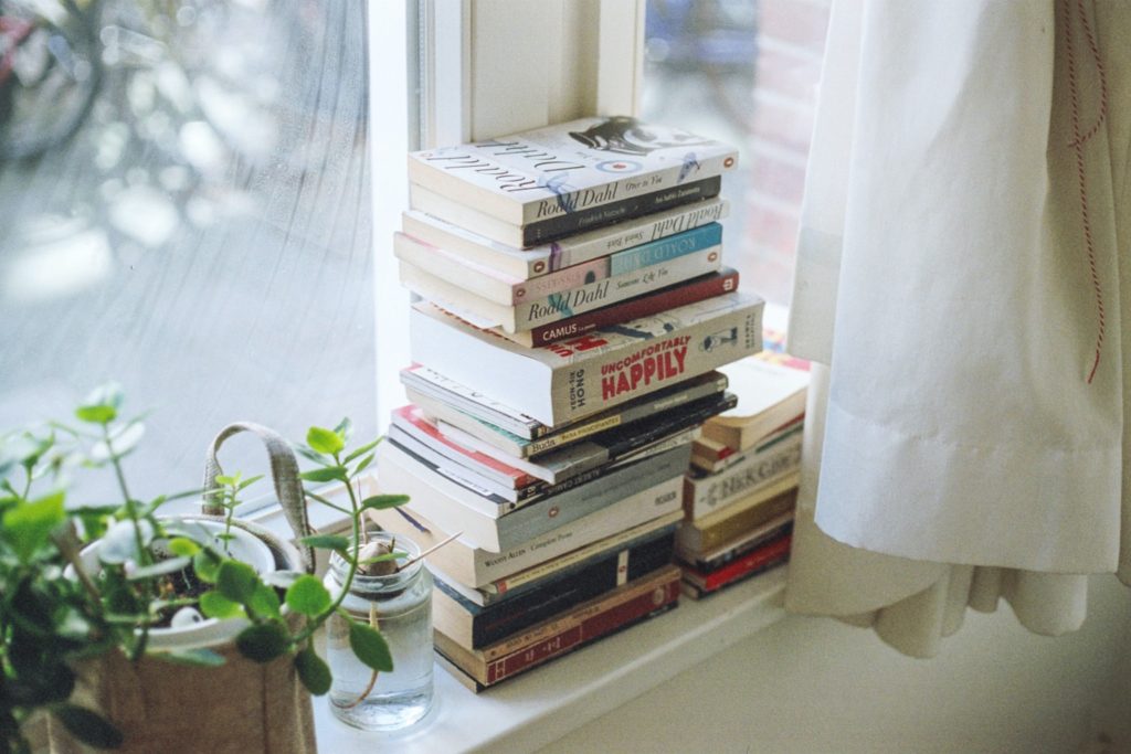 pila di libri sul davanzale di una finestra luminosa, con una piante e una tenda. luce del sole bella